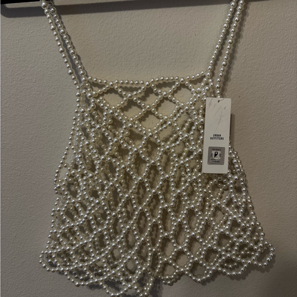 Urban Outfitters Pearl Beaded Net Tank Top - Cream
